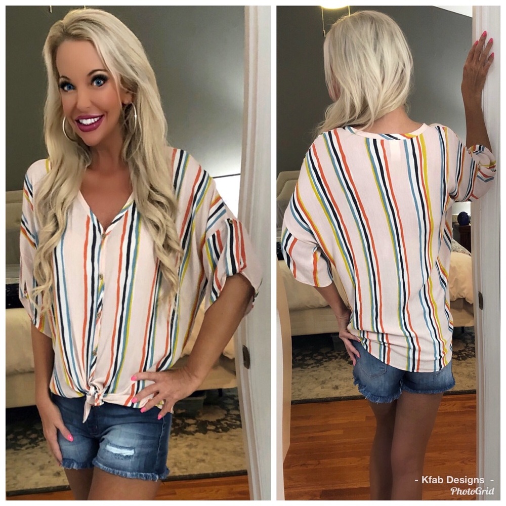🛍LAST 3! Blush Tie Front Striped Top! - Picture 6 of 8